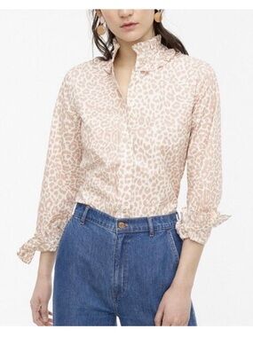 J Crew 8 Classic Fit Ruffle Button Down Shirt in Pink Leopard